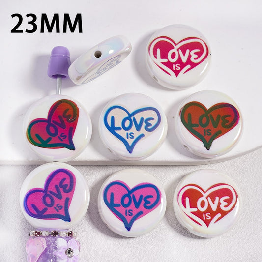 Heart with 'Text Love is' Print Flat Round Shape Valentine’s Day Theme Acrylic Beads 23MM, Random Mix