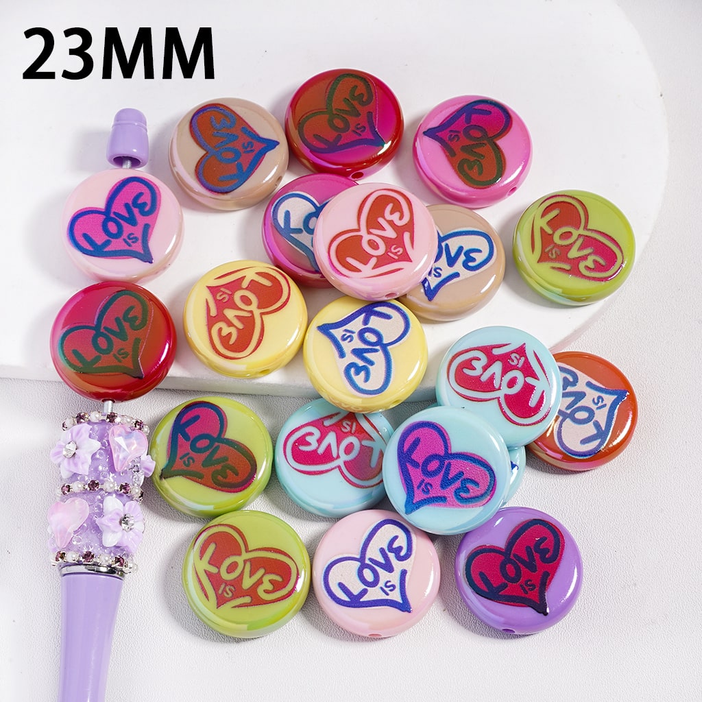 UV Coating with Text "Love is" and Hearts Valentine's Day Theme Flat Round Acrylic Beads 23 MM Random Mix