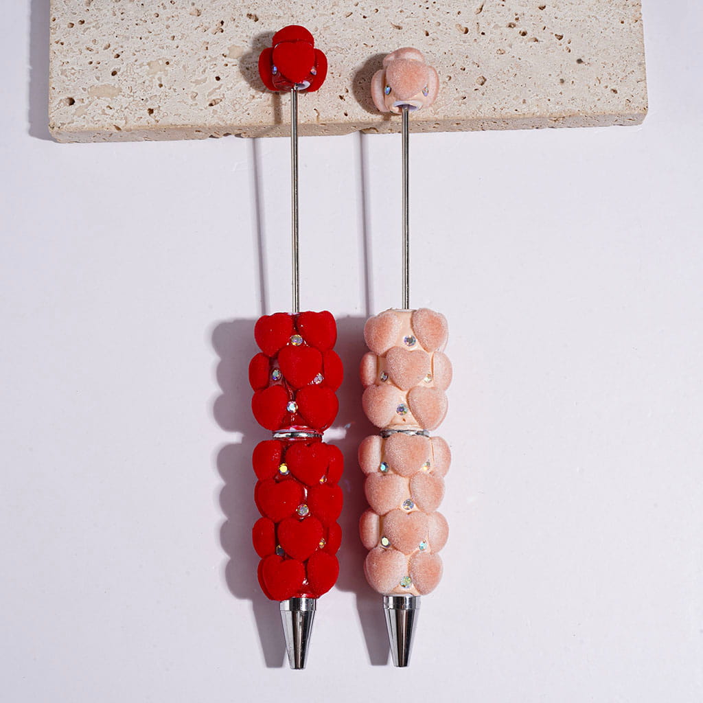 Beadable Clay Pens with Fluffy Flocked Heart and AB Rhinestones, Red and Nude Pink