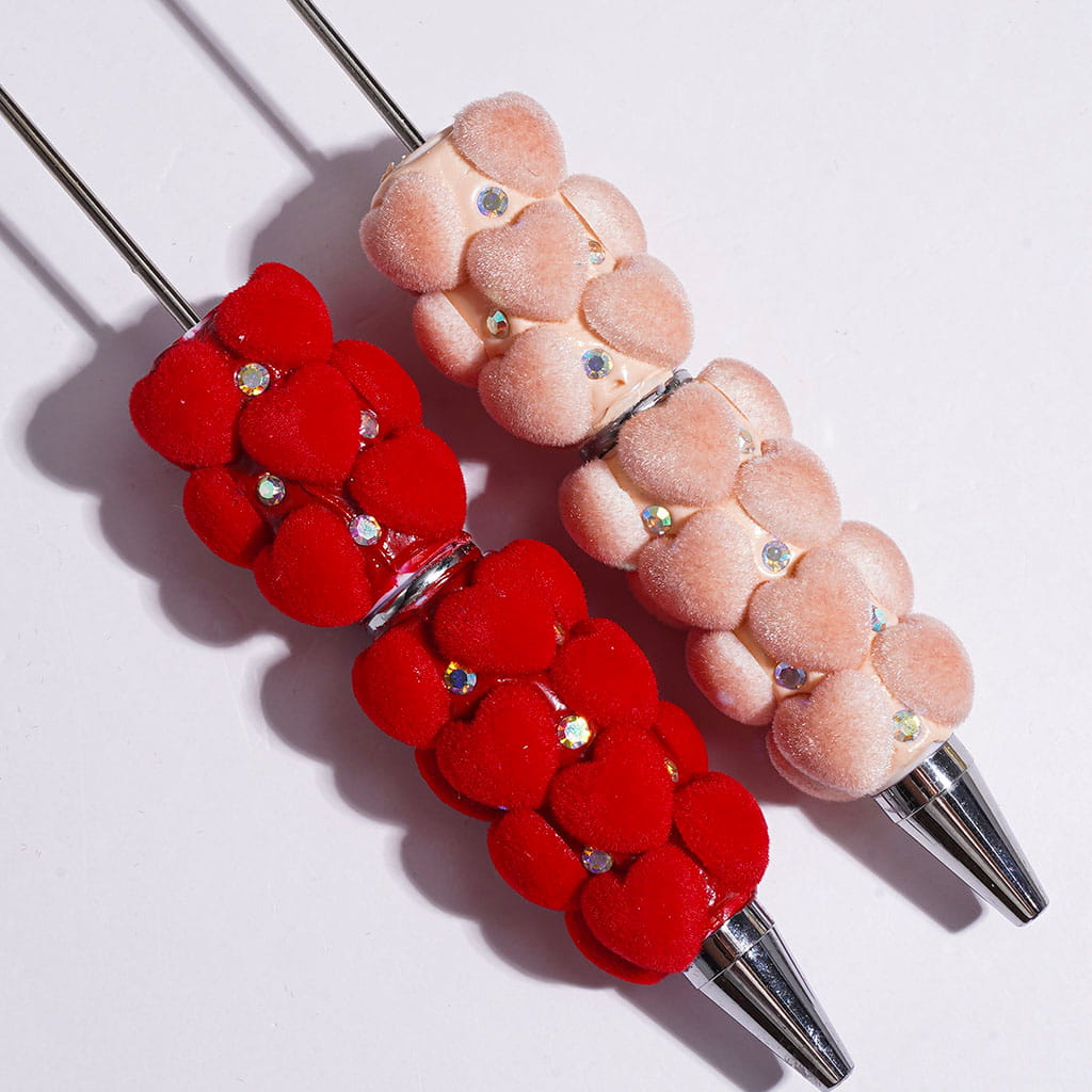 Beadable Clay Pens with Fluffy Flocked Heart and AB Rhinestones, Red and Nude Pink