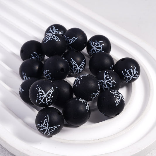 Black Butterfly Pattern on White Background Round Printed Silicone Beads 15MM
