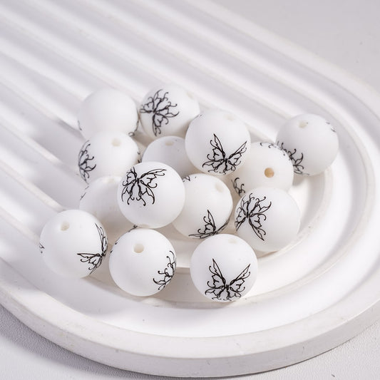 White Butterfly Pattern on Black Background Round Printed Silicone Beads 15MM