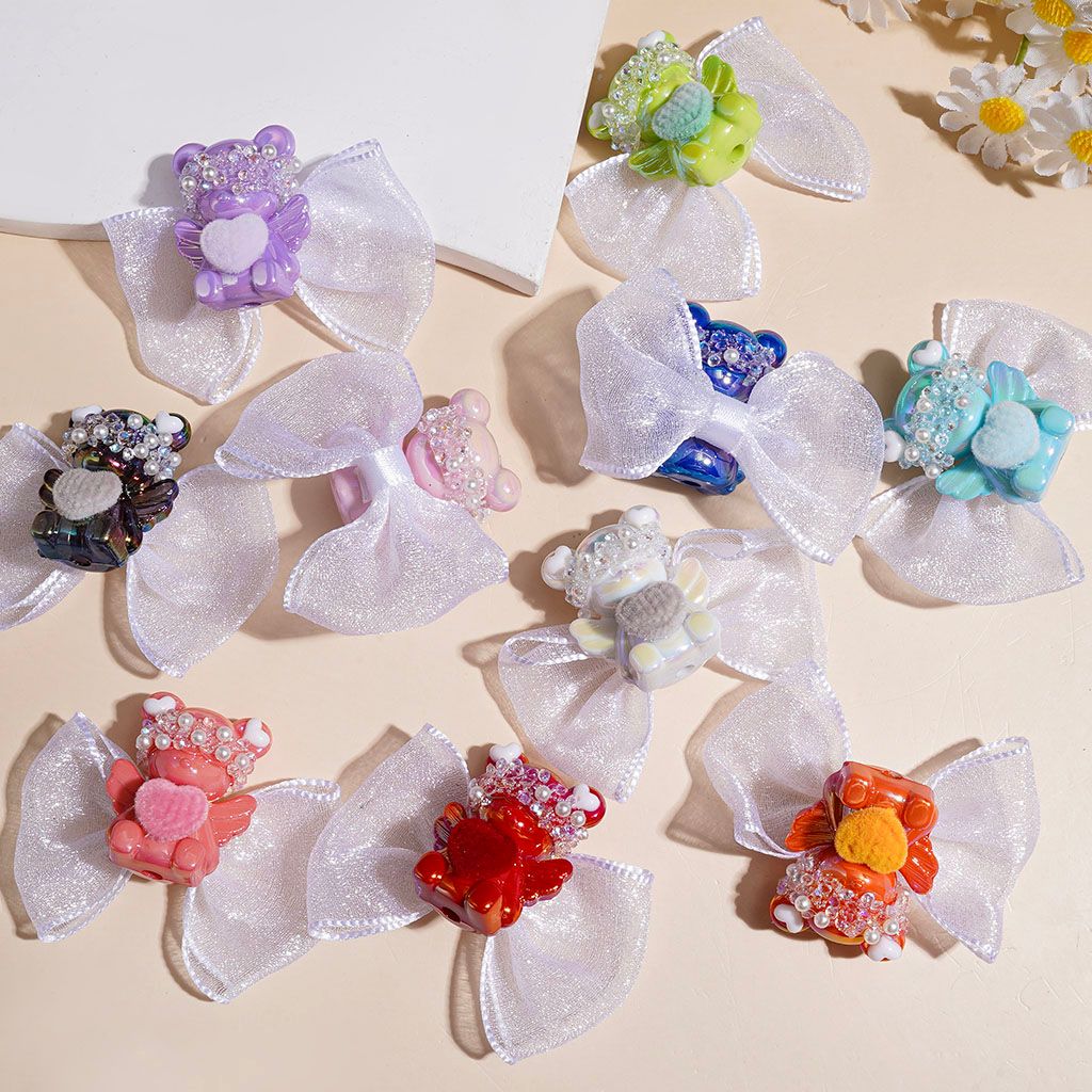 Handmade UV-Coated Acrylic Beads Angel Bear with Fabric Bowtie & Flocked Heart, Cone Shaped Rhinestone White Pearl, Height 29MM Random Mix Multi-Color