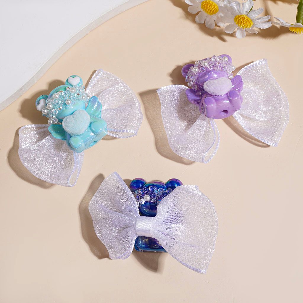 Handmade UV-Coated Acrylic Beads Angel Bear with Fabric Bowtie & Flocked Heart, Cone Shaped Rhinestone White Pearl, Height 29MM Random Mix Multi-Color