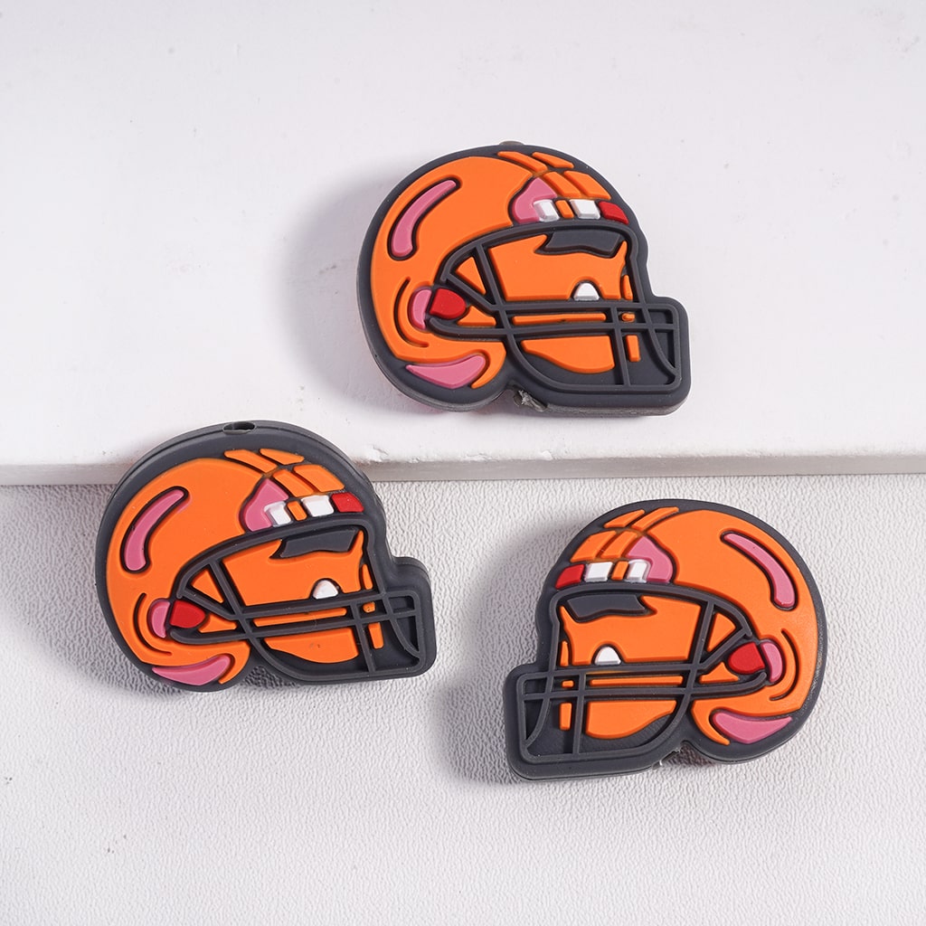 USA Sporty Helmet Red and Orange Football Design Theme Silicone Focal Beads