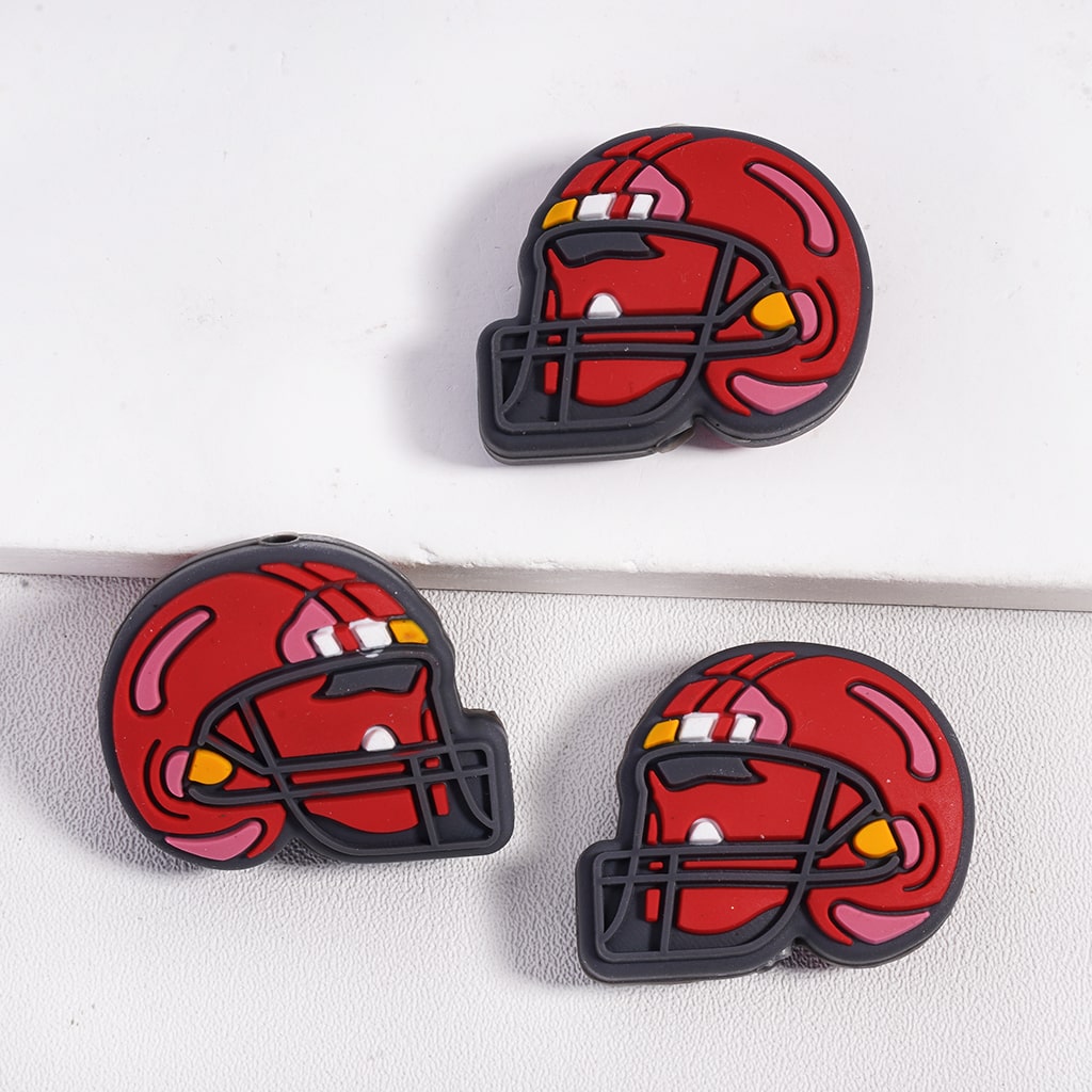 USA Sporty Helmet Red and Orange Football Design Theme Silicone Focal Beads