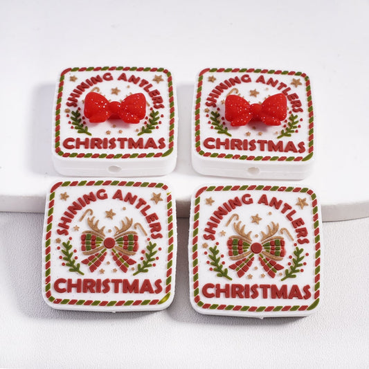 Christmas Day Theme Flat Square Shape Silicone Focal Beads with Text "Shining Antlers" and Glittery Red Bowtie