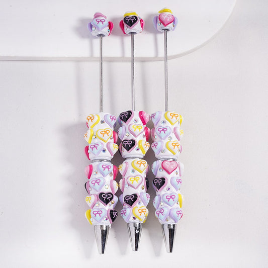 Double Color Heart with Multi Color Bowtie, AB Rhinestones Beadable Clay Pens