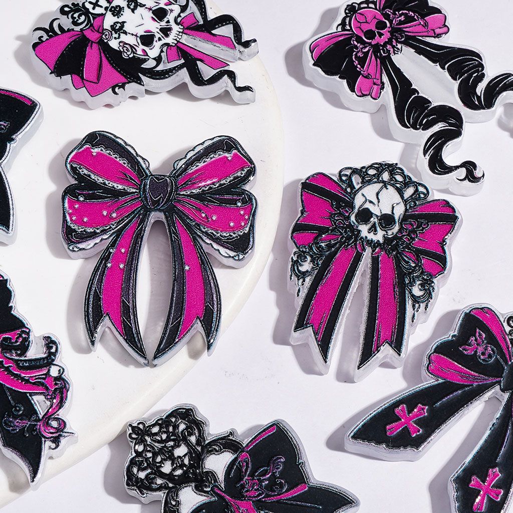 Gothic Pink & Black Skull Bowtie with Cross, Rose & Crown Details Acrylic Beads, Random Mix