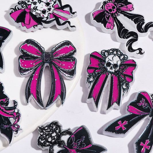 Gothic Pink & Black Skull Bowtie with Cross, Rose & Crown Details Acrylic Beads, Random Mix