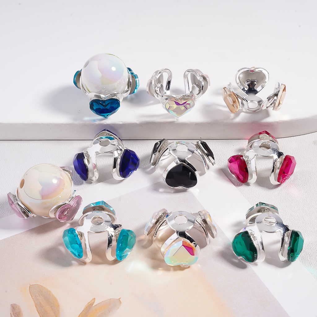 Alloy Bead Cages, Bead Cap in Silver Color, Heart Rhinestones in Various Colors, Random Mix (They Fit 16MM Beads)