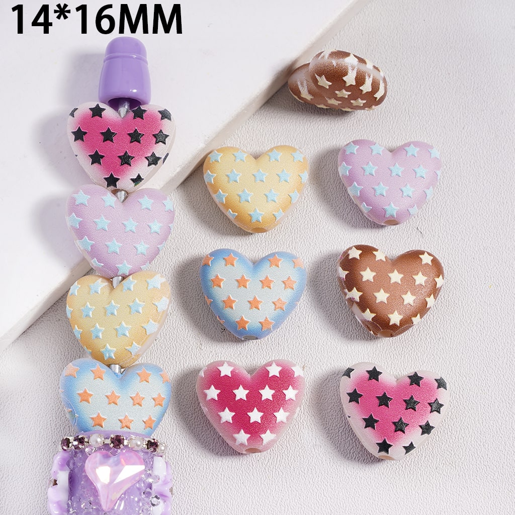 Colorful Rough Heart Shape Beads with Mini Stars Print Acrylic Bead 14*16MM, Random mix