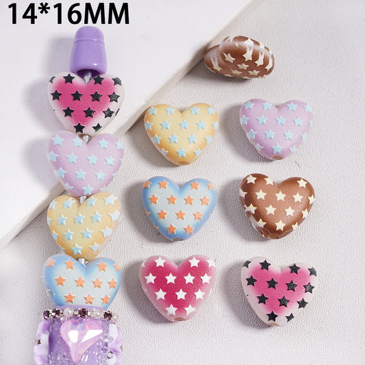 Colorful Rough Heart Shape Beads with Mini Stars Print Acrylic Bead 14*16MM, Random mix