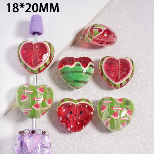 Heart-shaped watermelon design beads on a white background