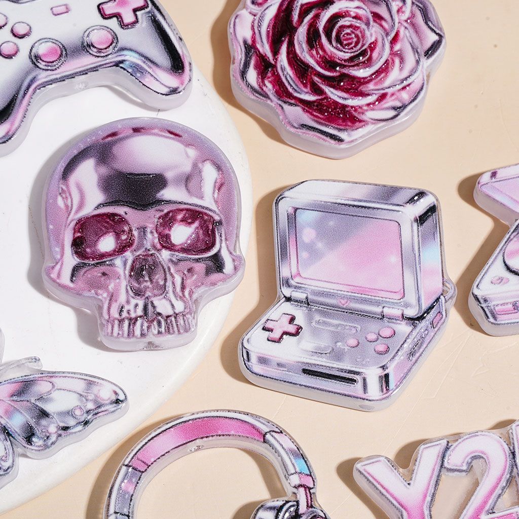Trendy Silver & Pink Bowtie, Game Controller, Butterfly, Skull & Music-Themed Acrylic Beads, Assorted Designs, Random Mix