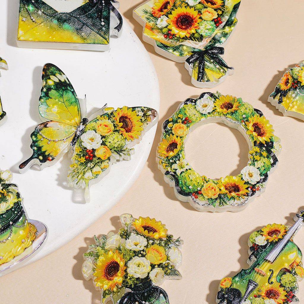 Charming Green & Yellow Sunflower Series Flower Wreath, Bouquet, Umbrella, Butterfly, Violin & Cake Acrylic Beads, Random Mix