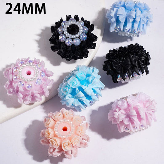 UV-Coated Luminous Bow and Rose Flower with Half-Shell Pearl & White Pearl Loops Handmade Acrylic Beads, 24MM, Multi-Color