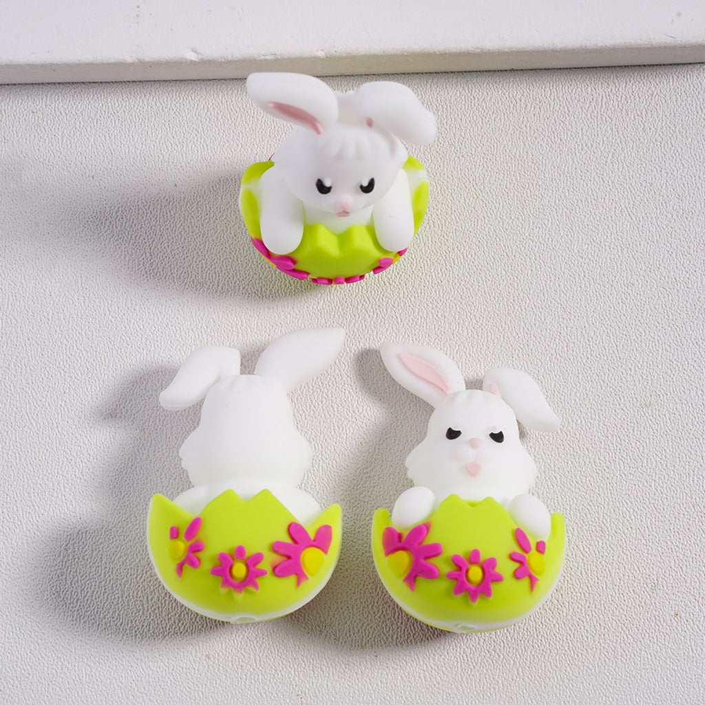3D Cute White Easter Bunny in Eggshell with Pink Roses Silicone Focal Beads