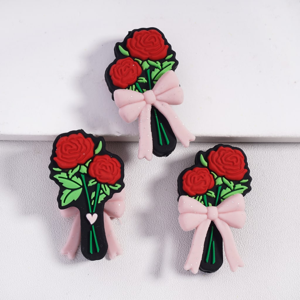 Elegant Rose & Bowtie Pink Glitter Heart Edition Silicone Focal Beads