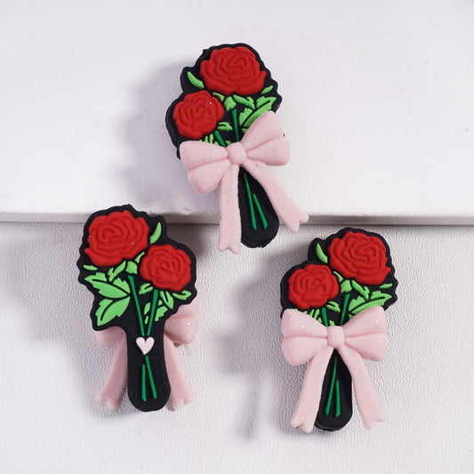 Elegant Rose & Bowtie Pink Glitter Heart Edition Silicone Focal Beads