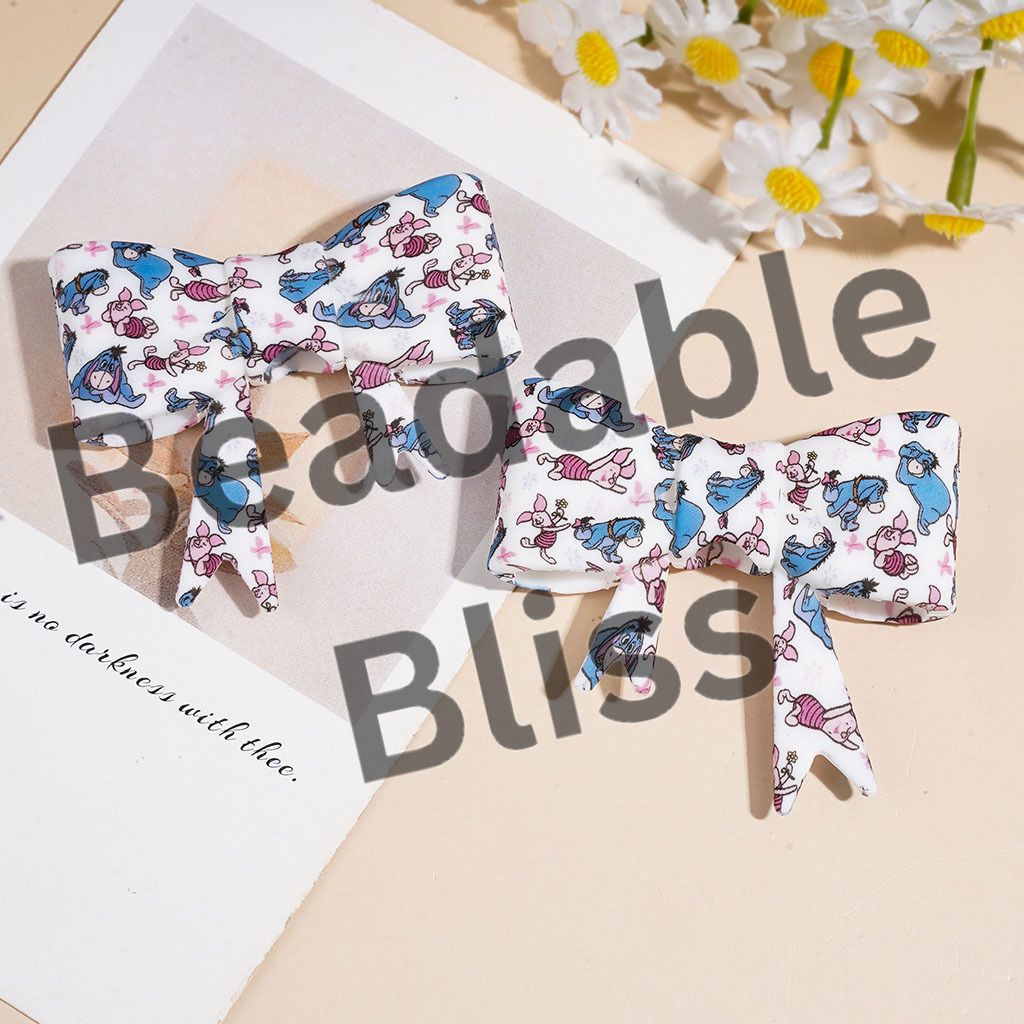 Silicone Focal Beads Soft Bowtie with Pink Pig and Sad Donkey Character Prints, 53*59MM