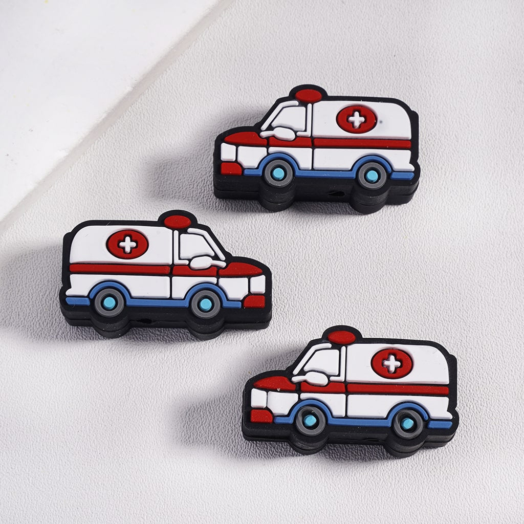 3D Mini Ambulance Blue Wheeled Design Silicone Focal Beads