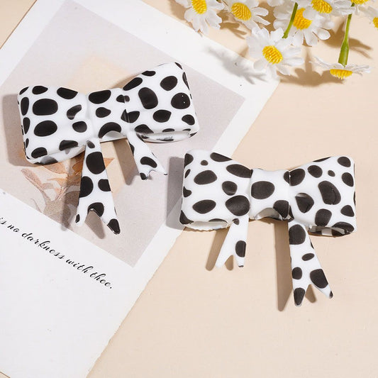 Adorable Black Polka Dot Printed Soft Bow Shape Silicone Focal Beads, 53*59MM