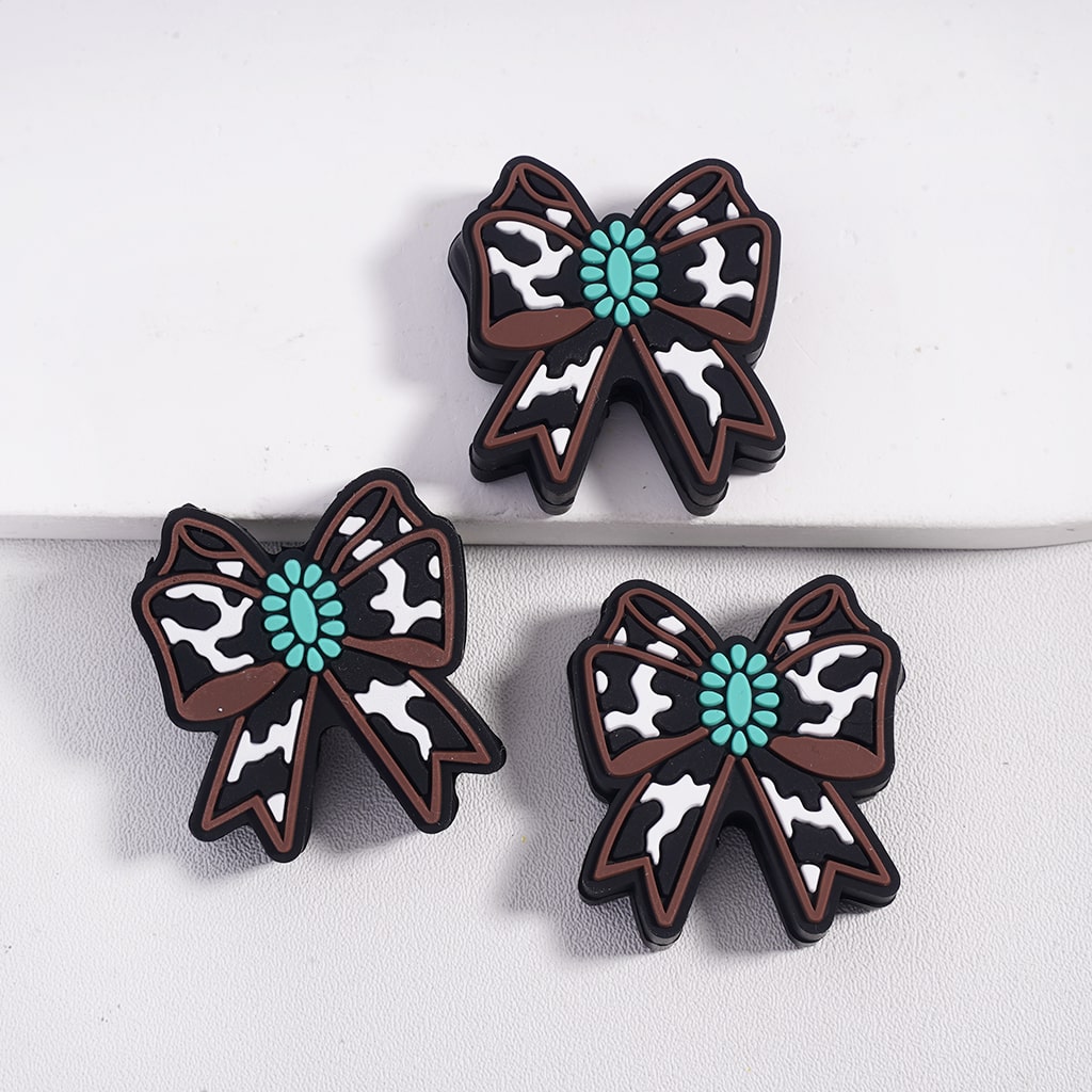 Cow Print Pattern Bowtie Cute Bowknot and Teal Silicone Focal Beads
