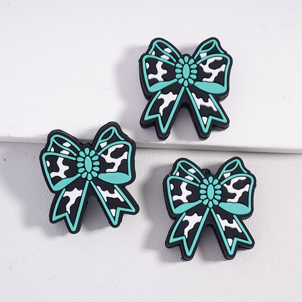 Cow Print Pattern Bowtie Cute Bowknot and Teal Silicone Focal Beads