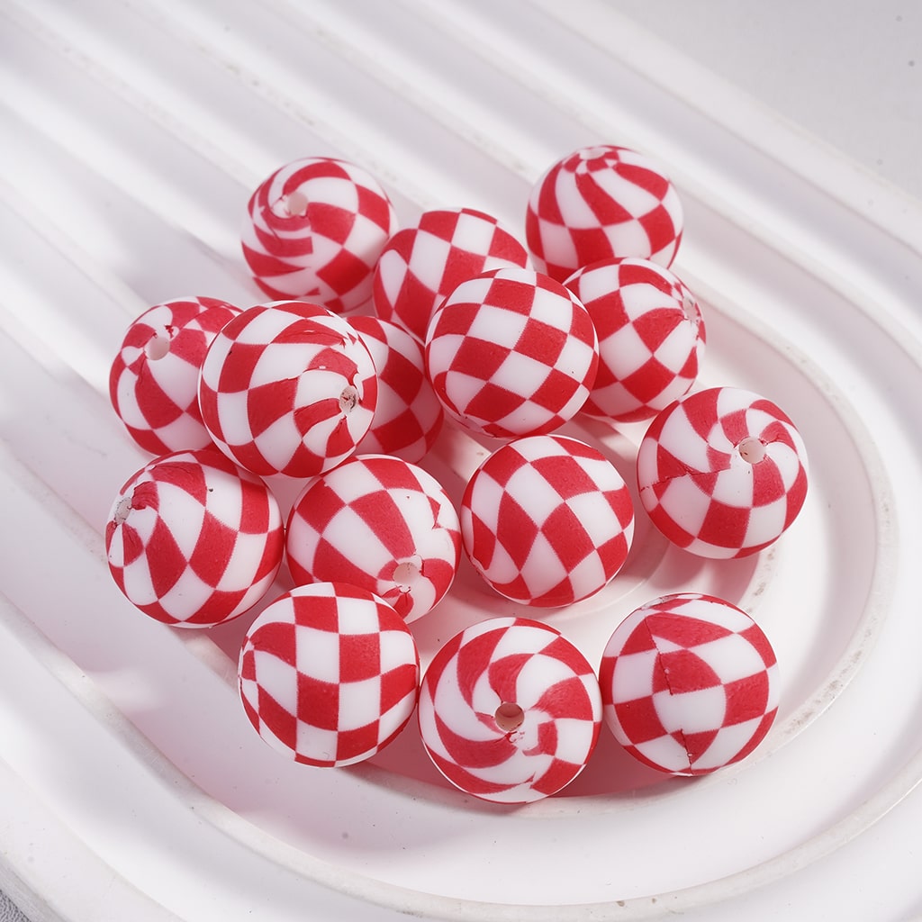 Checkered Pattern Colorful Round Printed Silicone Beads 15MM