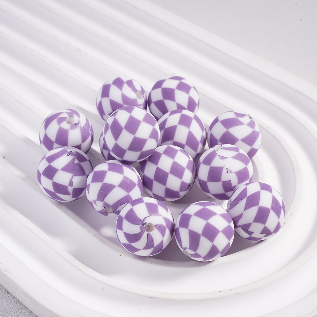 Checkered Pattern Colorful Round Printed Silicone Beads 15MM