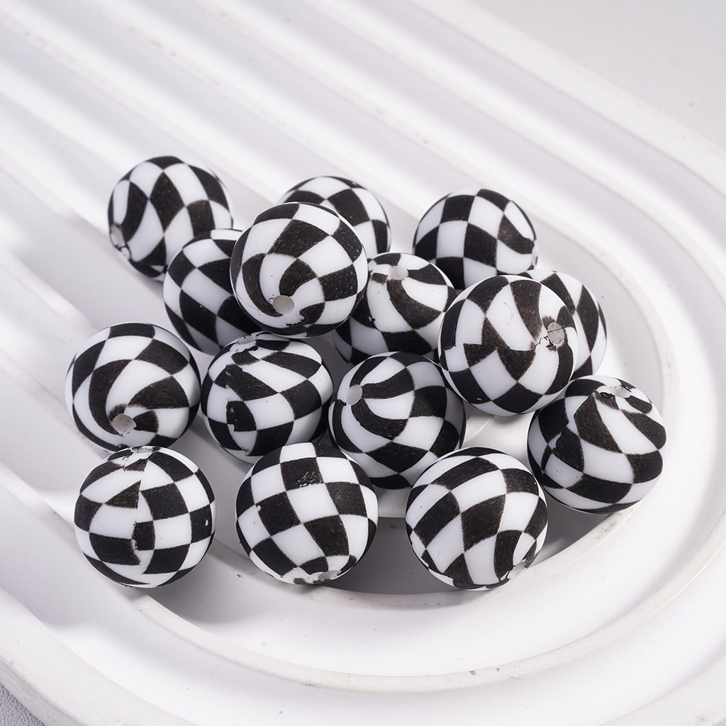 Checkered Pattern Colorful Round Printed Silicone Beads 15MM