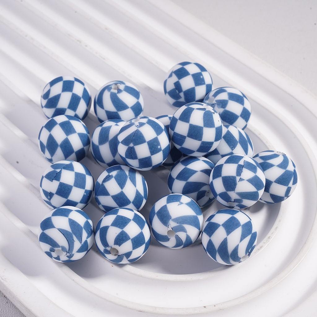 Checkered Pattern Colorful Round Printed Silicone Beads 15MM