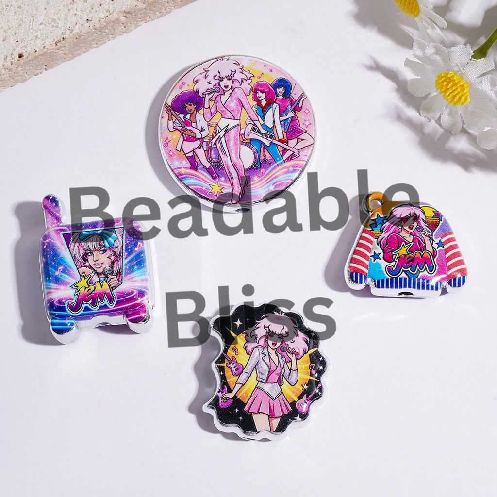 Acrylic Bead and Pendants Rock Singer Character in Pink Series, Silver Border, Random Mix