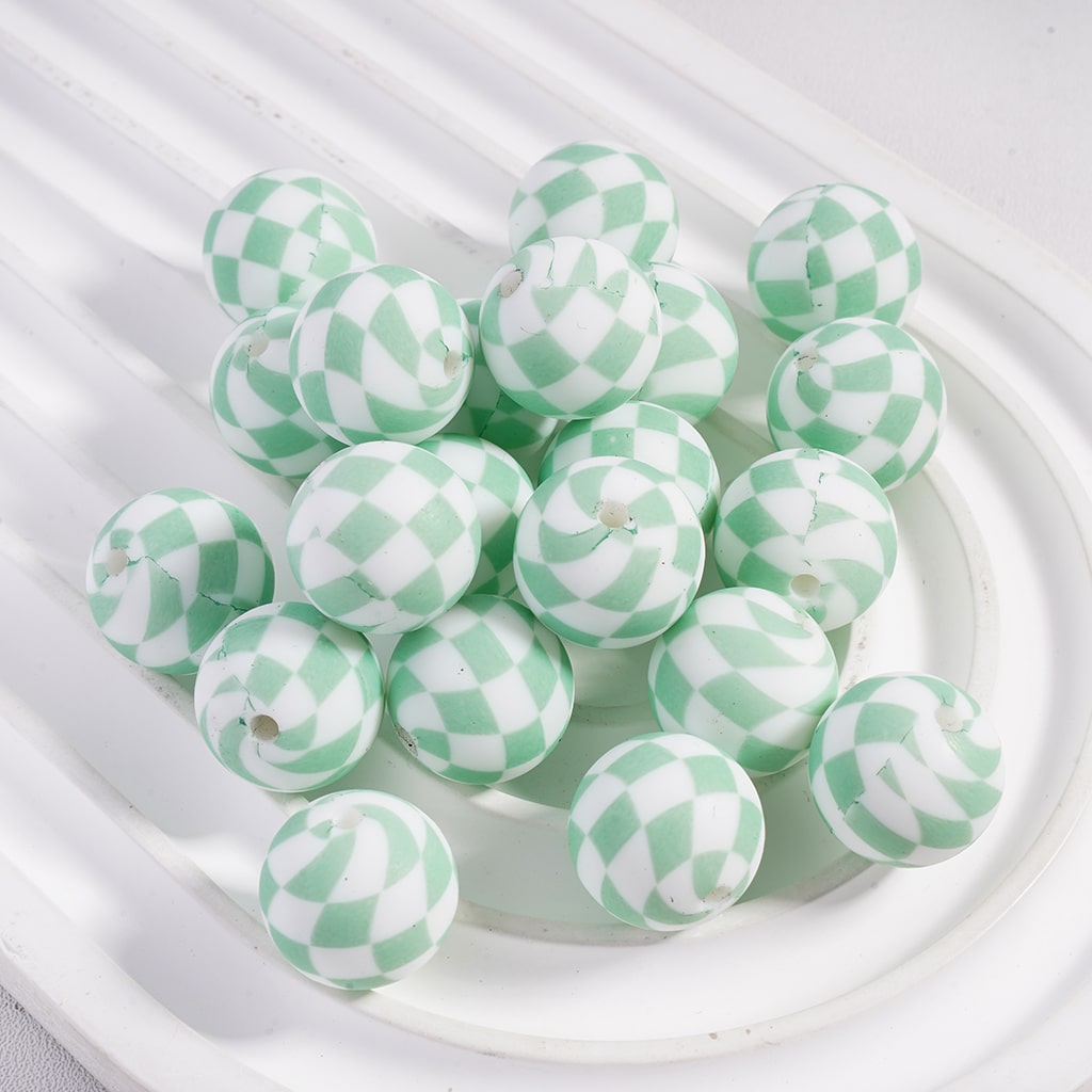 Checkered Pattern Colorful Round Printed Silicone Beads 15MM