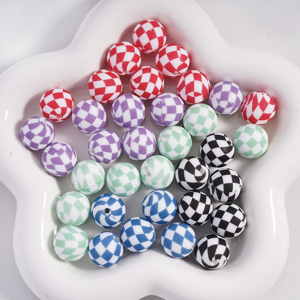 Checkered Pattern Colorful Round Printed Silicone Beads 15MM