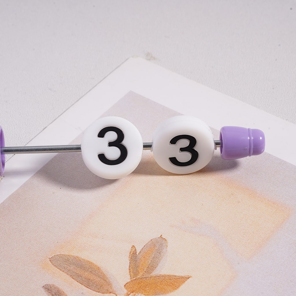 White Flat Round Silicone Focal Beads with Black Numbers Print Horizontal Hole