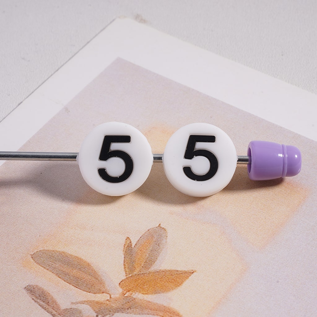 White Flat Round Silicone Focal Beads with Black Numbers Print Horizontal Hole