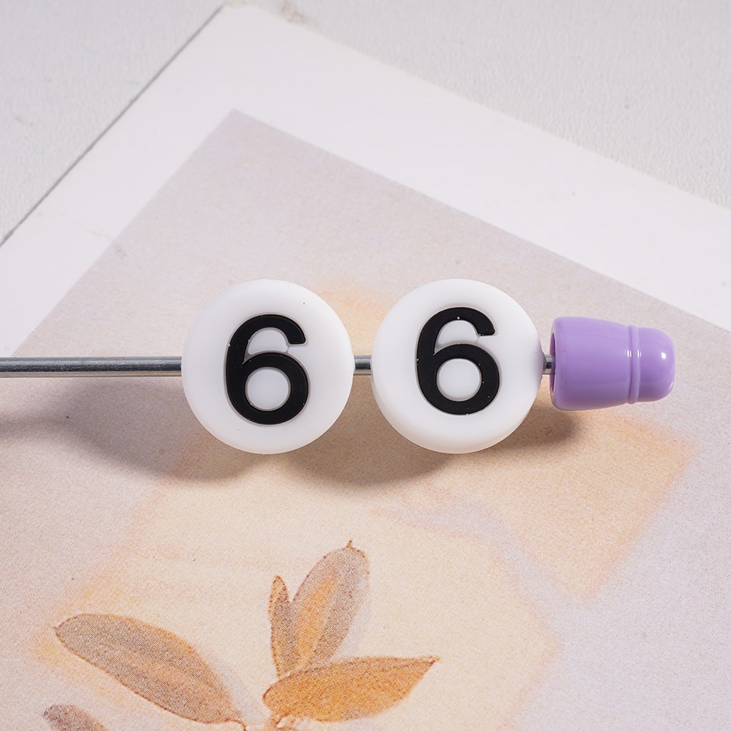 White Flat Round Silicone Focal Beads with Black Numbers Print Horizontal Hole