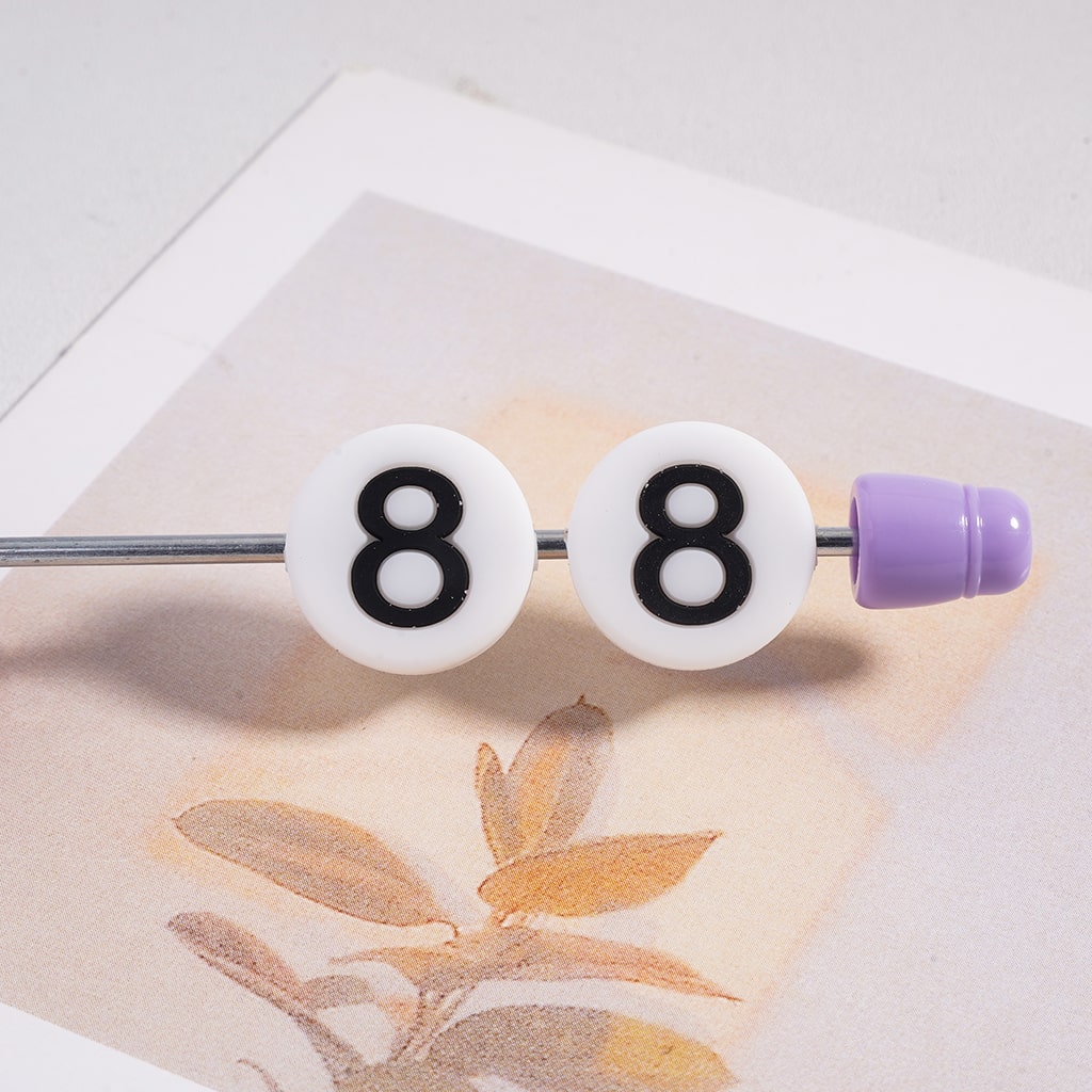 White Flat Round Silicone Focal Beads with Black Numbers Print Horizontal Hole