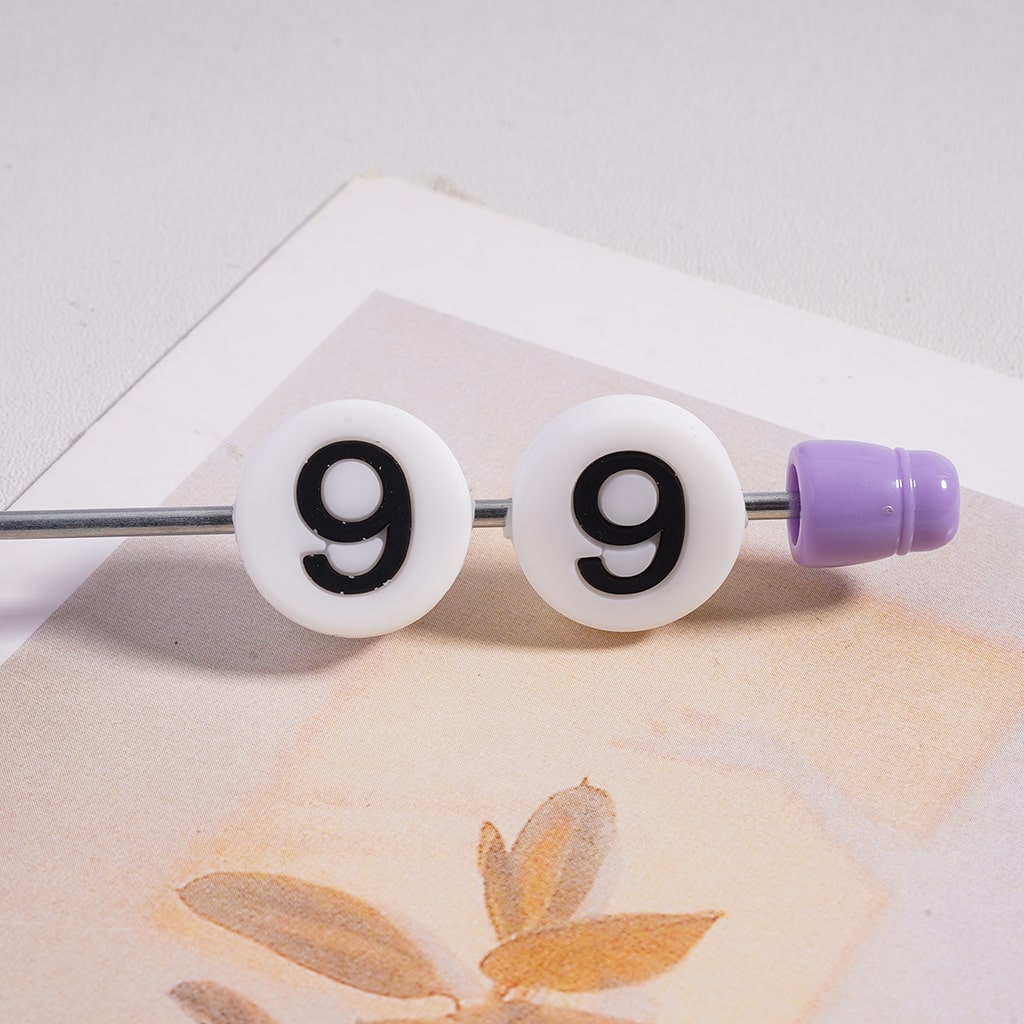 White Flat Round Silicone Focal Beads with Black Numbers Print Horizontal Hole