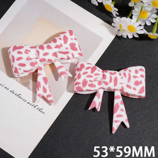 Sweet Pink & White Cow-Spot Print Soft Bowtie-Shaped Silicone Focal Beads, 53*59MM