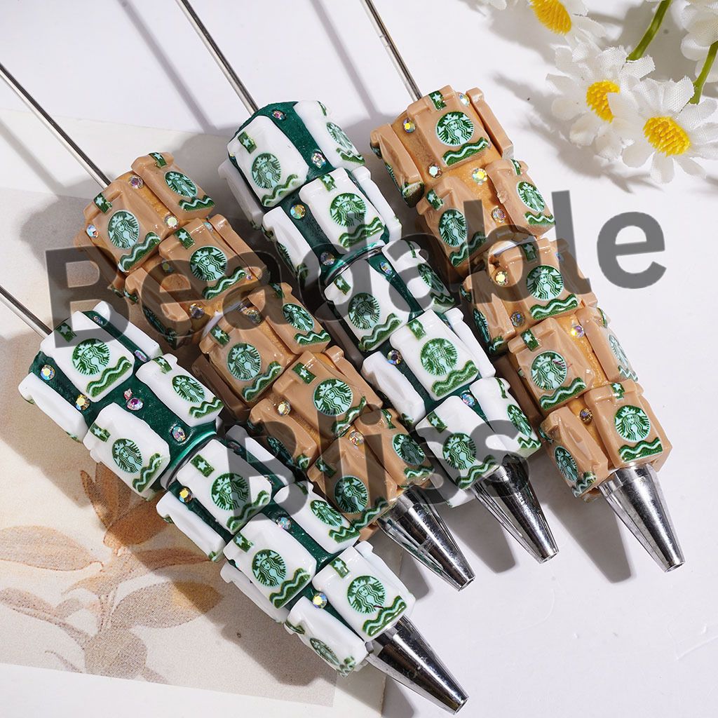 Beadable Clay Pens with Coffee Bag and AB Rhinestone, White & Light Brown