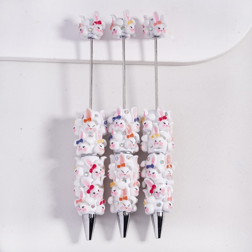 Cute Rabbit Head Beadable Clay Pen with Colorful Bowtie & AB Rhinestones