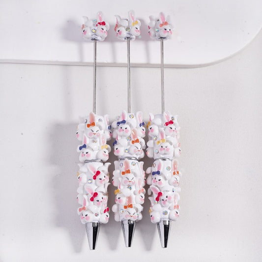 Cute Rabbit Head Beadable Clay Pen with Colorful Bowtie & AB Rhinestones