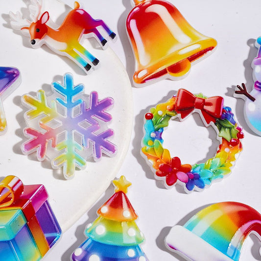 Adorable Tree, Bell, Wreath, Reindeer, Santa Hat, Snowman & Snowflake, Rainbow Style Christmas Theme Acrylic Beads