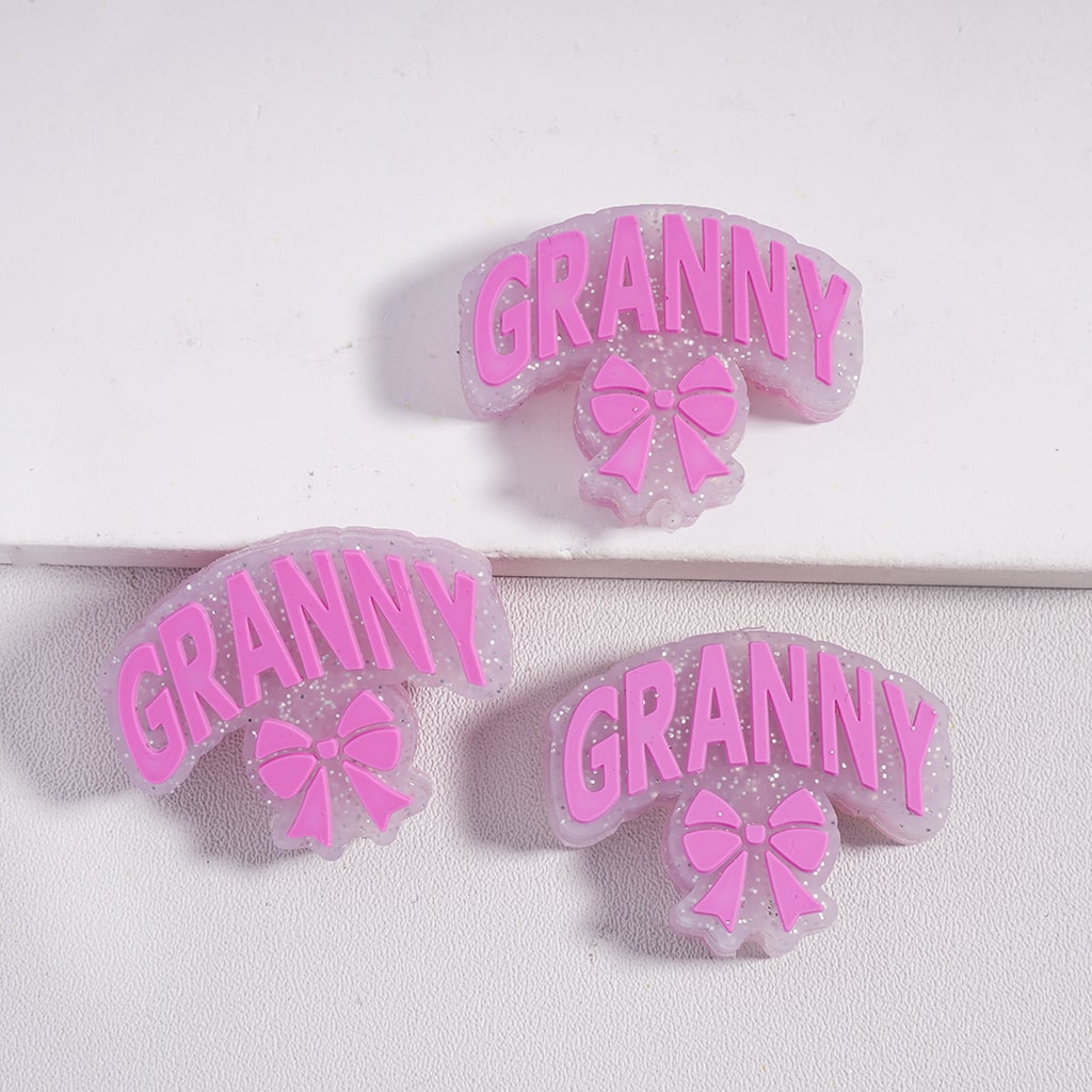 Silver Glitter with Text "Granny" and Bowtie Pink & Teal Granny Silicone Focal Beads