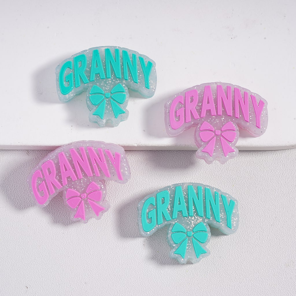 Silver Glitter with Text "Granny" and Bowtie Pink & Teal Granny Silicone Focal Beads