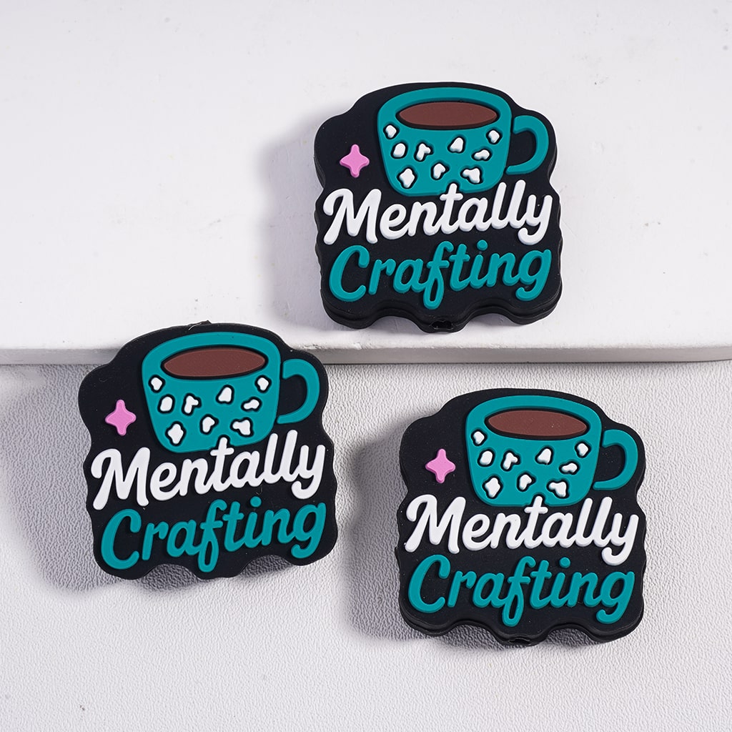 Mini Coffee Cup with Text ‘Mentally Crafting’ & Star Silicone Focal Beads