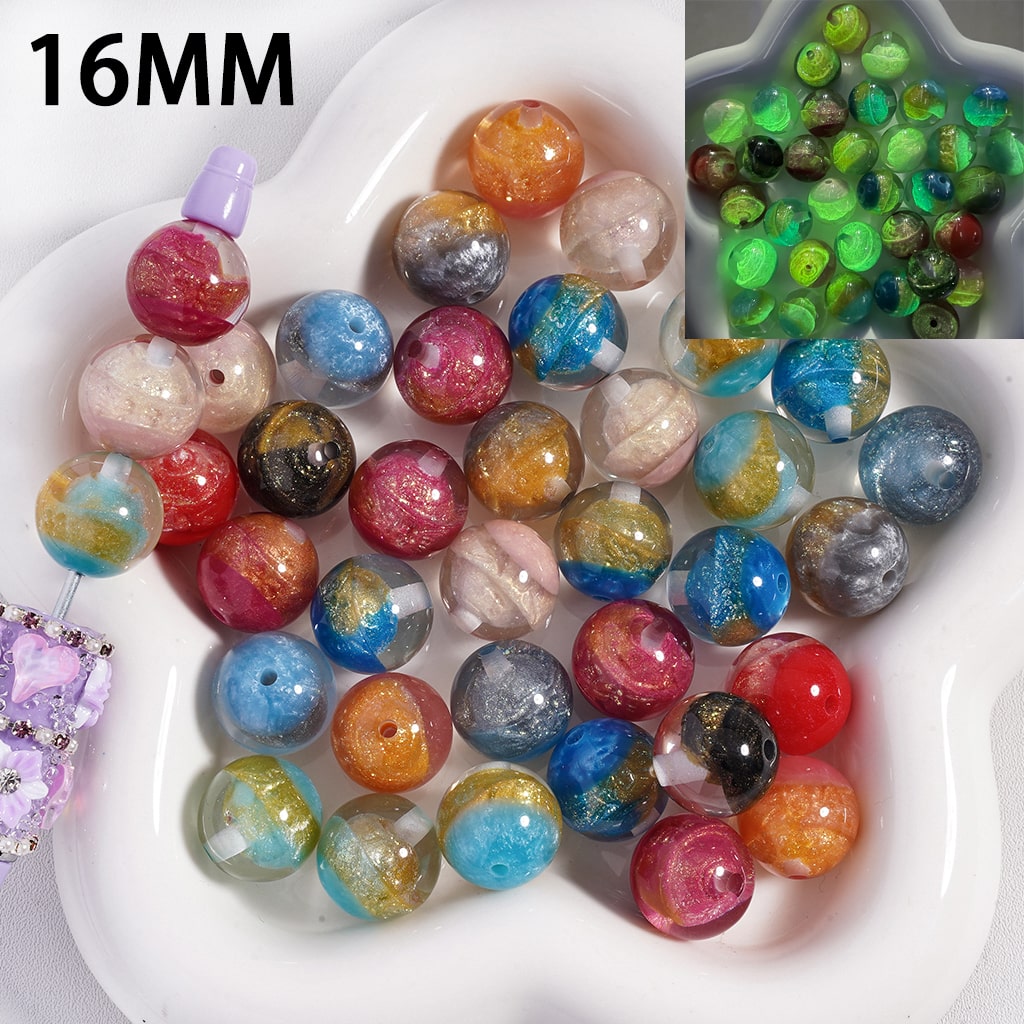Luminous Sycee and Gold Glitter Embedded Inside Bead Multi-Color, Round Acrylic Beads 16MM, Random Mix